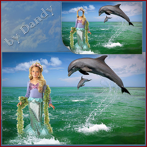 Скачать Шаблон для фотошопа - Русалочка с дельфинами бесплатно, фильм DVDrip мультфильм игру